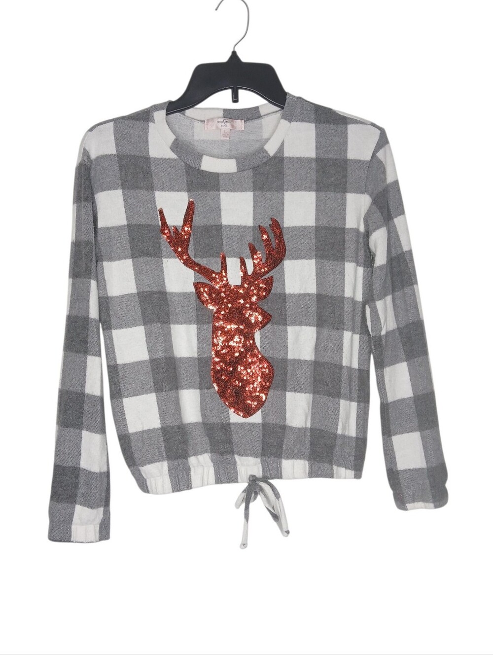 Moa Moa Girls Gray & White Plaid Long-Sleeve Top with Red Sequin Deer